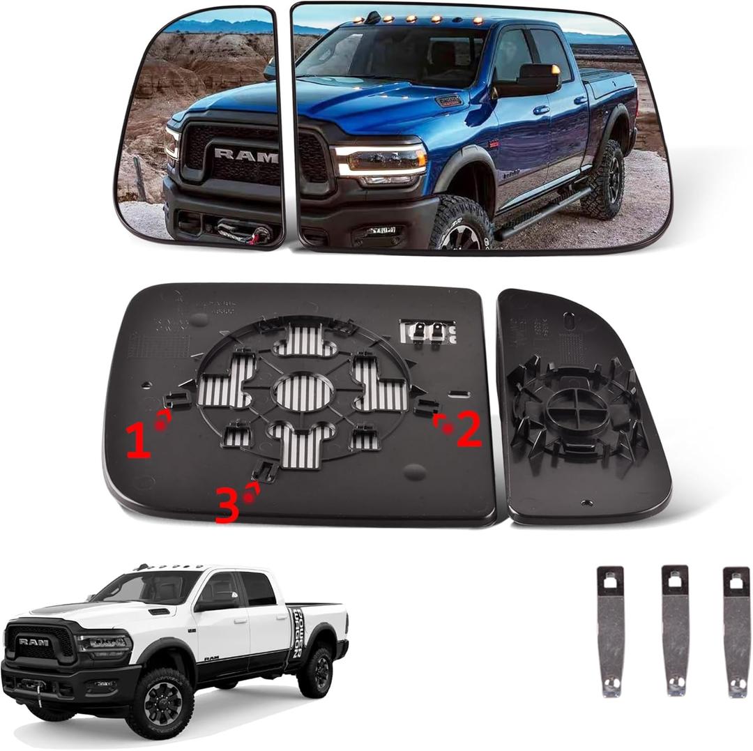 GrteRokky Driver Side Upper & Lower Side Mirror Glass Compatible for 2010-2020 Dodge Ram 1500 2500 3500 Tow Big Lens with Holder Heated Replace 68067729AA 68067731AA