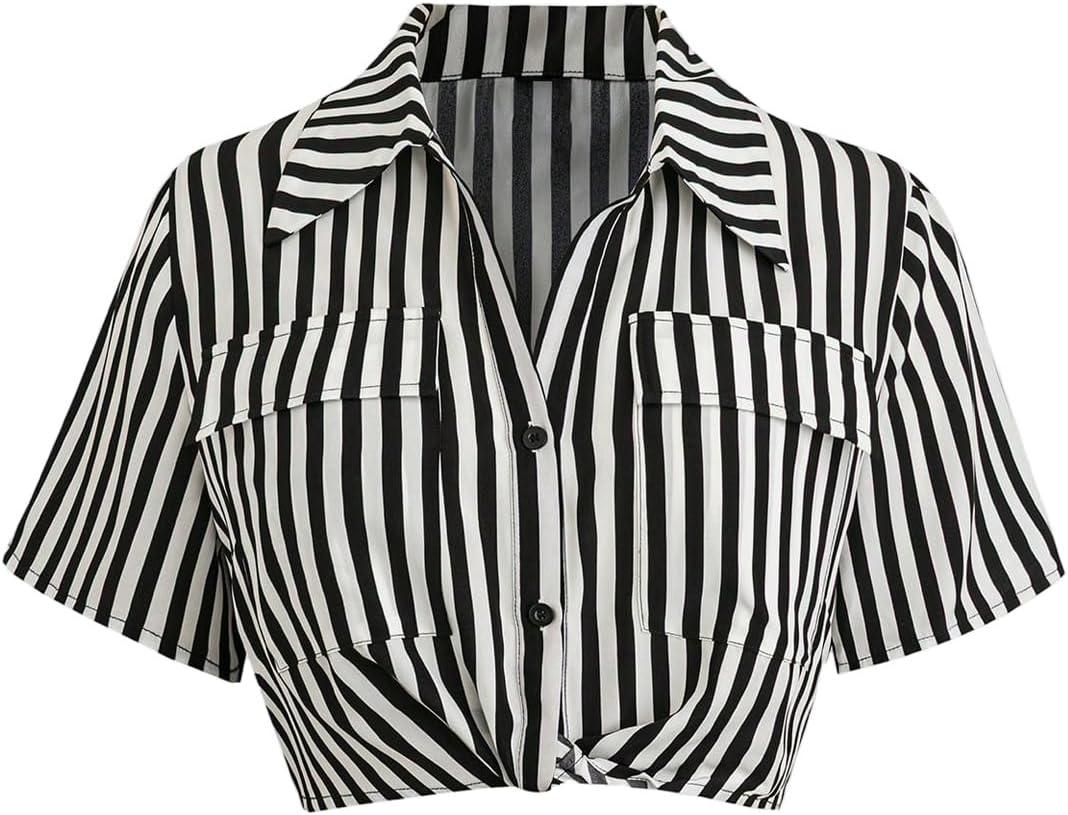 WDIRARA Women's Plus Size Striped Short Sleeve Blouses Button Down Shirt Twist Front Collared Crop Top, Black and White, Large Plus