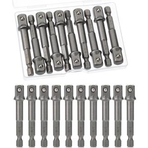 Bates- Impact Adapter Square Socket Set, 10 pcs, 3/8" Square Tip, Drill Socket Adapter Set, Hex Impact Socket Adapter Set, Socket Adapter for Drill, 1/4" Hex Shank Impact Driver Socket Adapter