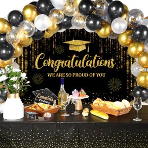 Moukeren 2025 Graduation Decorations Congratulation Party Supplies Congrats Grad Decor Class of 2025 Party Decor Graduation Balloon for Outdoor Indoor Home School Grad Party(Black, Gold)