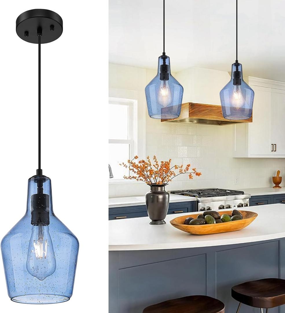 Emliviar 1-Light Kitchen Pendant Lighting, Industrial Adjustable Hanging Pendant Light with Seeded Glass, Blue Finish, DYE286G1-MIL BK