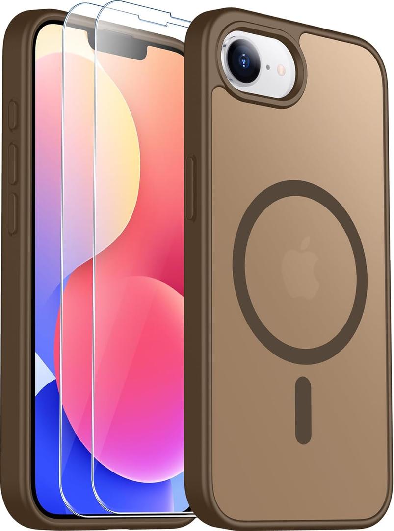 SPIDERCASE Designed for iPhone 16e Case, Magnetic Translucent Matte Case with 2PCS Tempered Glass Screen Protector Anti-Scratch Slim Phone Case for iPhone 16E 6.1'', Brown