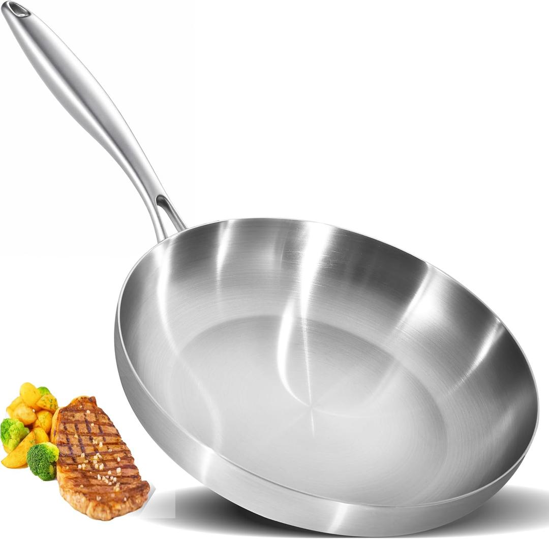 LOLYKITCH 12 Inch Tri-Ply Stainless Steel Frying Pan Professional Skillet Fast & Even Heating, Induction & Oven Safe Cookware for Modern Home Kitchens, Detachable Handle