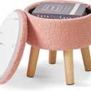 IBUYKE 13 Inch Foot Stool Ottoman with Storage, Round Small Foot Rest with Padded Seat and Wood Legs, Teddy Velvet Mini Footstool for Living Room Couch Bedroom Entryway, Pink WBD006P