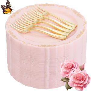 LIYH 100 Pcs Pink Gold Dessert Plates - 100 Pcs Gold Plastic Forks,Cake Plates Disposable with Forks, Appetizer Plates, Bridal Shower Party Plates for Birthday Wedding Party