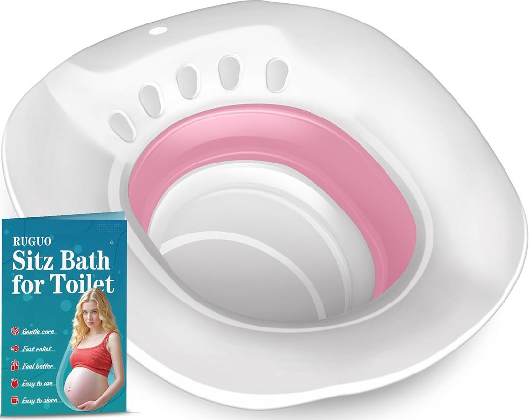 RUGUO Sitz Bath for Toilet Seat - Yoni Steam Seat - Sitz Bath for Hemorrhoids and Postpartum Care - Portable Bidet BPA Free - Foldable Basin for Epsom Salt Soak - Pink