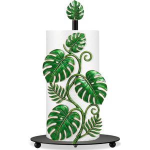 Thyle Tropical Monstera Paper Towel Holder with Round Base Boho Bathroom Decor Green Leaf Dispenser Kitchen Paper Holder Stand for Countertop Toilet Home Accessories