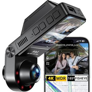 360 Camera for Car, 4K Dash Cam Front and Inside 2-Channel Dashcam 160+185 Ultra Wide Angle, 4K/2.5K WDR, IR Night Vision, WiFi & APP Control, GPS, G-Sensor, 64GB Card, Black GT820