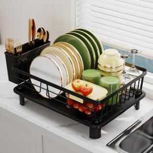 Dish Drainer Rack with Drip Tray, Sink Dish Drainer with Drainage Spout, Stainless Steel Dish Drying Rack with Cups, Utensil & Cutting Board Holders for Kitchen Counter Space-Saving, Black
