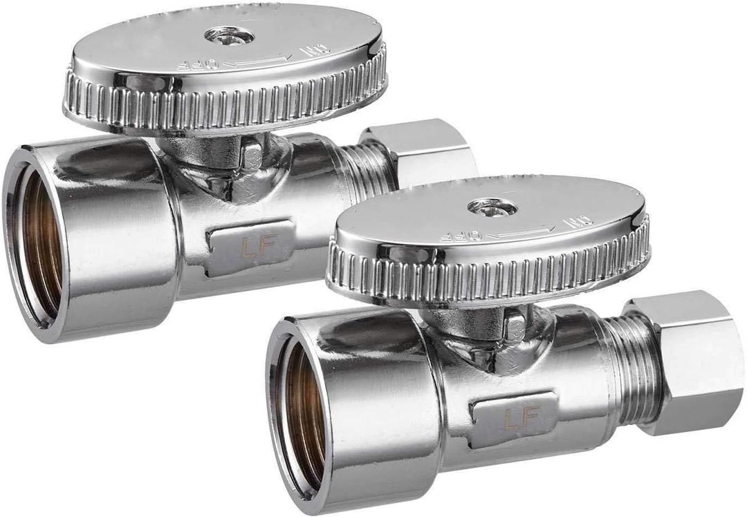2 Pack Brass 1/2 Inch FIP x 3/8 Inch OD Compression Quarter Turn Straight Water Angle Stop Valve Shut Off