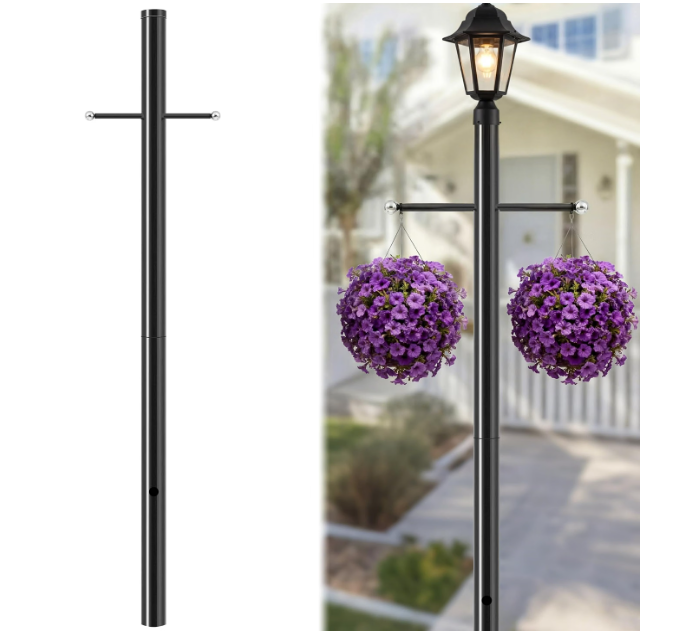 Zonon 1 Set 7 ft Outdoor Lamp Post with Cross Arm, 80 in H x 3 Inch Dia Direct Burial Light Pole with Wiring Hole for Driveway Pathway, Yard, Garden, Weather-Resistant Galvanized Steel, Black