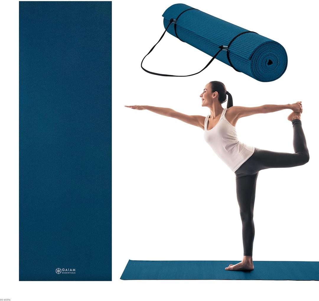 Gaiam Essentials 1/4" Thin (6mm) Yoga & Pilates, Fitness & Exercise Mat with Easy-Cinch Carrier Strap Cusion Support For Fitness and Gym Workouts (Navy)