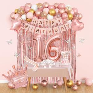 Amandir Sweet 16 Party Decorations, 16th Birthday Decorations for Girls Rose Gold Pink Foil Number Balloons Table Cloth Crown Sash Fringe Curtains Happy Birthday Banner Butterfly Party Supplies