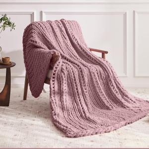 Chunky Knit Throw Blanket, 30''*40'' Knitted Throw Chenille Yarn for Bed Couch, Handmade Muted Pink Crochet Big Thick Blanket, Machine Washable Cute Comfy Blanket for Home Decor
