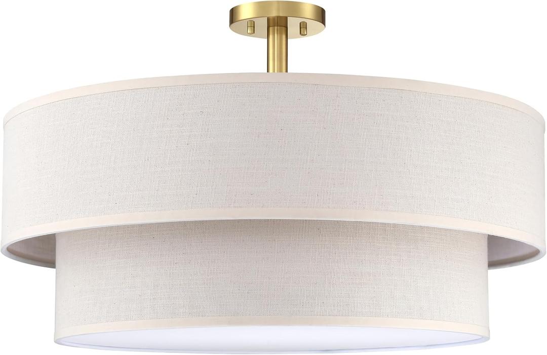 2 Tier LED Cream Drum 24" Drum Fabric Gold Farmhouse Semi Flush Mount Light