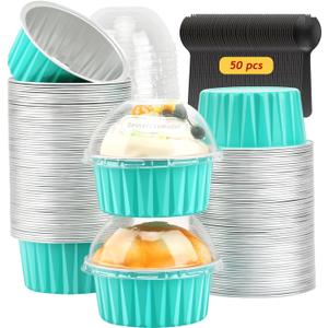 Disposable Ramekins with Lids 50 Pack,Free-Air 5oz Aluminum Foil Cupcake Cups Baking Tin,Mini Muffin Tins Cupcake Containers Holders for Home And Business -Cyan Blue