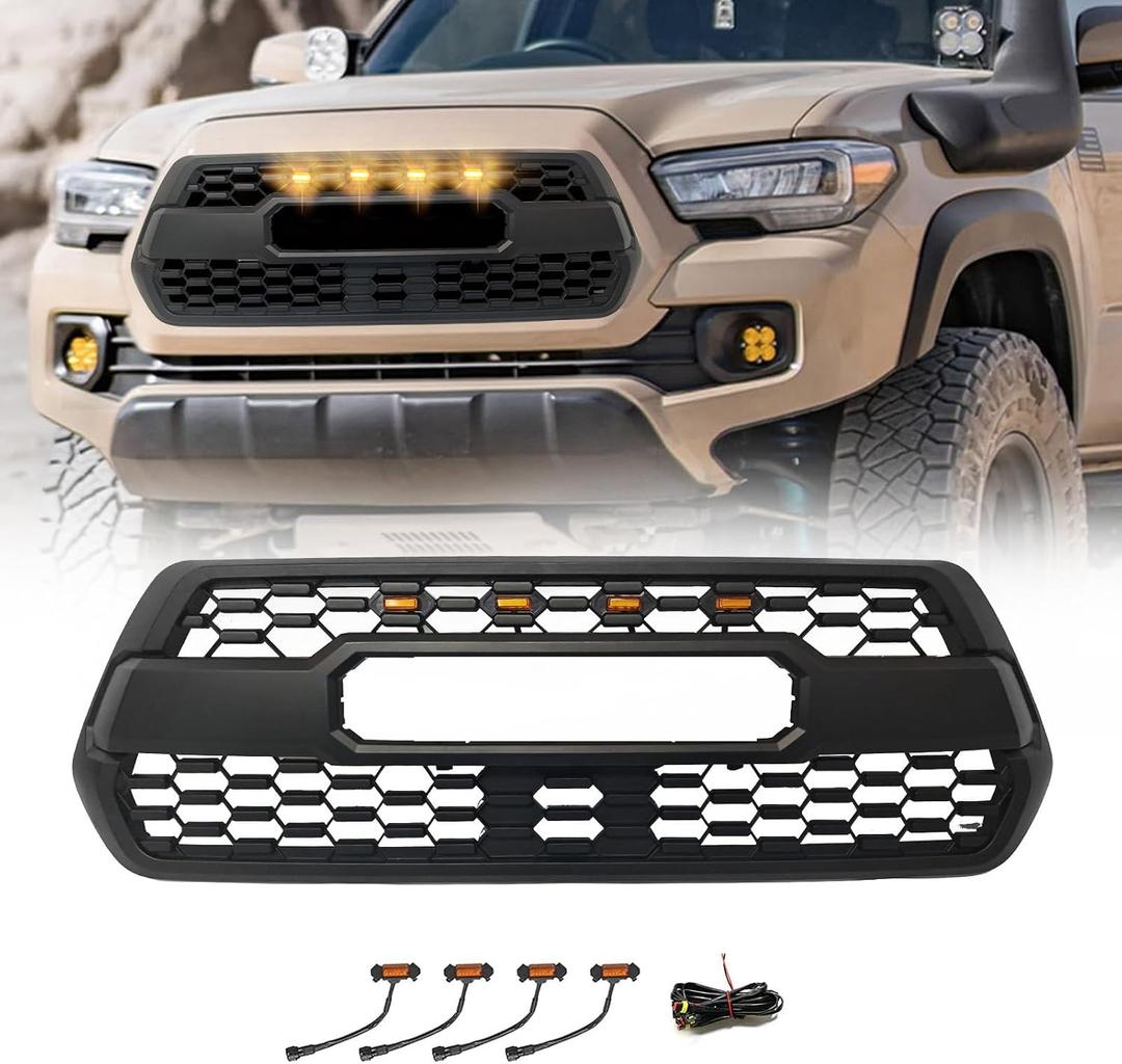Front Grill for Toyota Tacoma SR/SR5/TRD 2016-2023 | Amber Lights, With Accessories Letters ABC Matte Black Bumper Grille Not compatible with trucks equipped with factory front cameras