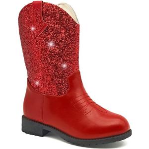 prechentty Sparkly Girls Cowgirl Boots Glitter Cowboy Dress Boots for Little To Big Kid Mid Calf Round Toe Birthday Horse Riding Red(Size 12)