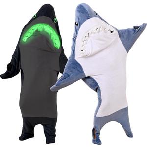 Glow in The Dark Shark Blanket for Adult, Shark Costume with Shiny Eyes and Teeth, Shark Onesie as Gift for Lover, Shark Hoodie for girls, Shark Sleeping Bag, S Size for 45-53 Inch Height