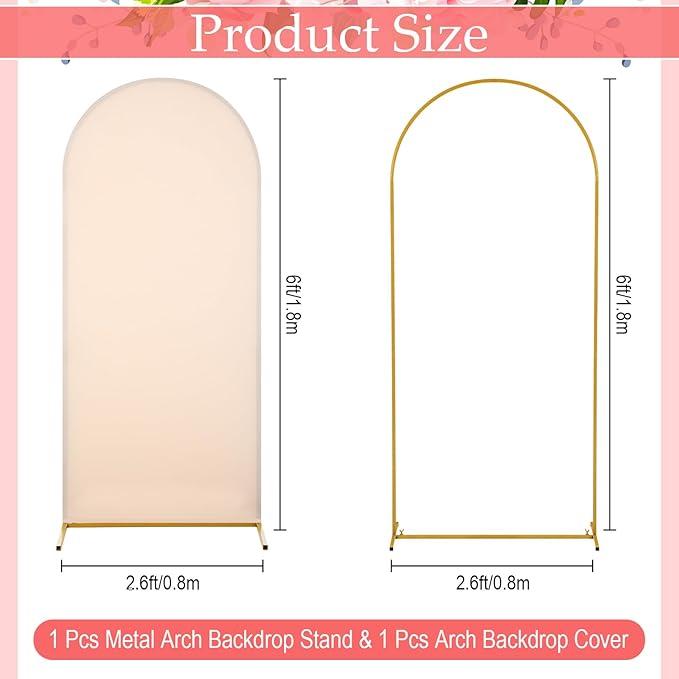Gisafai 2 Pcs Wedding Arch Frame Stand and Arch Backdrop Cover 6ft/ 6.6ft/ 7.2FT Metal Arch Backdrop Stand with Spandex Arch Cover for Wedding Birthday Party(Gold Stand, Beige Cover, 7.2 Ft)