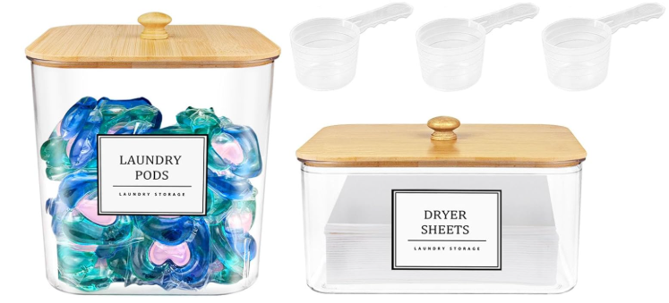 2 Pack Clear Laundry Pods Container & Dryer Sheet Holder Set with Lid, Laundry Containers with Scoops & Labels, Laundry Room Organization and Storage for Laundry Detergent, Pods, Powder, Beads
