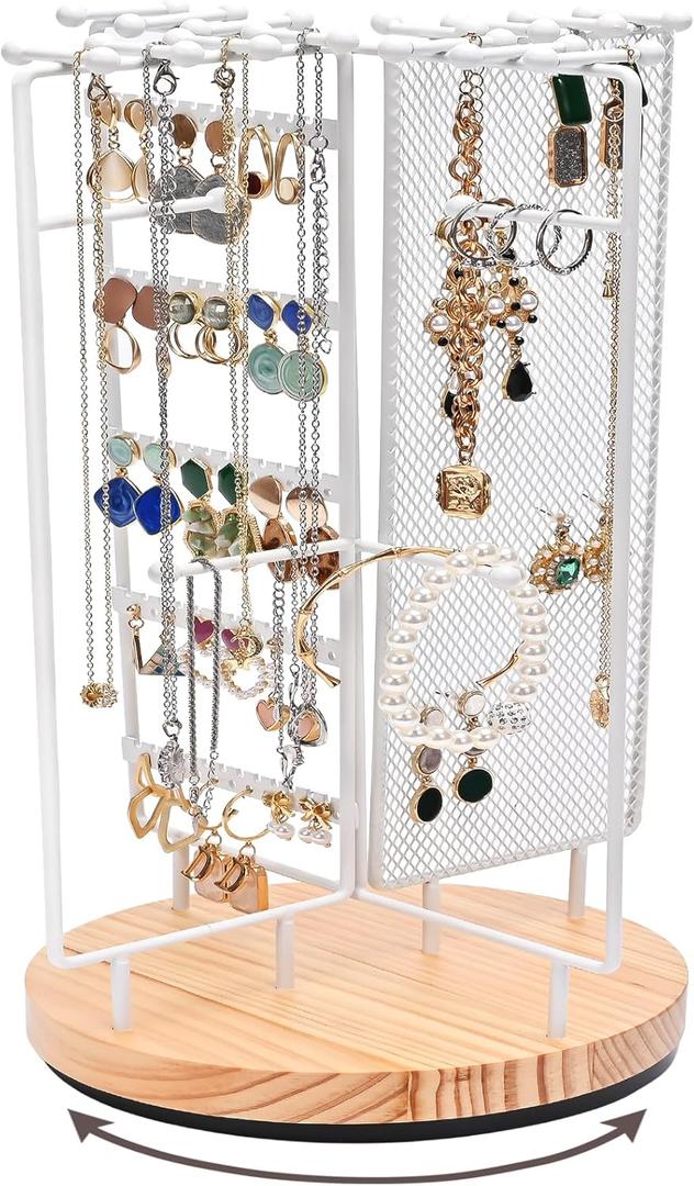 ProCase Rotating Jewelry Organizer Stand Earring Holder Organizer with 28 Necklace Hooks, Jewelry Tree Earring Stand Tower Storage Rack Bracelet Holder, Holds More than 100 Pairs Earrings -White