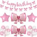 Phoaxul Cute Pink Bow Birthday Decorations for Girls, Glitter Happy Birthday Banner, Bow Balloons, Pink Party Decorations for Women, Baby Girl Shower, Princess Bday Party Supplies