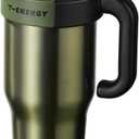 TKK 40 oz Insulated Tumblers with Handle and Straw, Stainless Steel Travel Mug with Ceramic Coating, Leak Proof Double Walled Iced Coffee Cup with Strainer for Hot & Cold Drinks, Olive Green