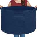 Dark Blue Basket for Organizing, 22" x 14" Extra Large Woven Cotton Rope Laundry Basket, Blanket Storage for Living Room Bedroom, Big Nursery Kids Toy Box Organizer, Pool Towel Storage Bin