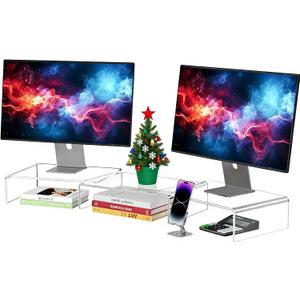 X-cosrack Clear Acrylic Monitor Stand Riser, 3 Shelves Adjustable Dual Monitor Stand with Anti-Slip Mat, Premium Desk Organizer for Home Office, Laptops, PCs, Printers, TVs