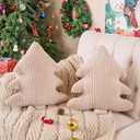 Lanpn Christmas Tree Pillows Set of 2, Christmas Decoration Narrow Stripes Winter Throw Pillow Soft Cute 3D Shaped Xmas Tree Cushion for Sofa Bedroom Xmas Decor (18x16 inch, Off White) (Beige)