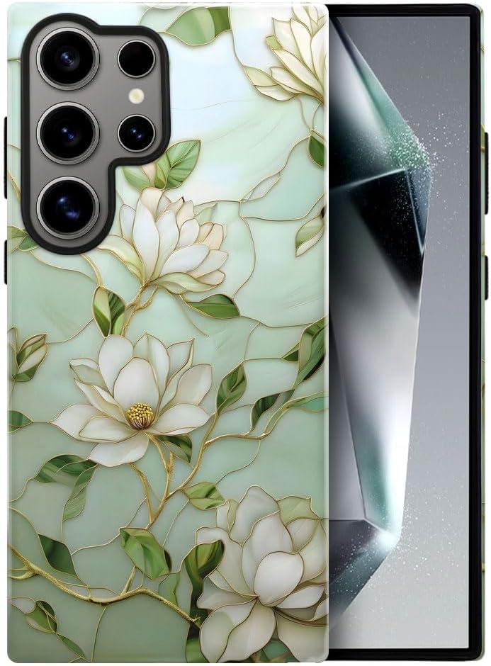 Case for Samsung Galaxy S25 Ultra,Magnolia Floral Aesthetic Case Glossy Slim Silicone Shockproof Cover for Girls Women