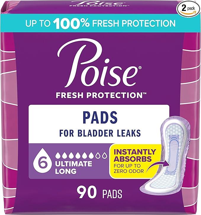 Poise Incontinence & Postpartum Pads for Bladder Leaks, 6 Drop Ultimate Absorbency, Long Length, 90 Count, Packaging May Vary