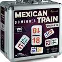 Queensell Mexican Train Dominoes Set with Numbers - Double 18 Dominos Set for Adults and Kids - Mexican Dominoes Train Game Night Games for Adults with Wooden Hub and Aluminum Case