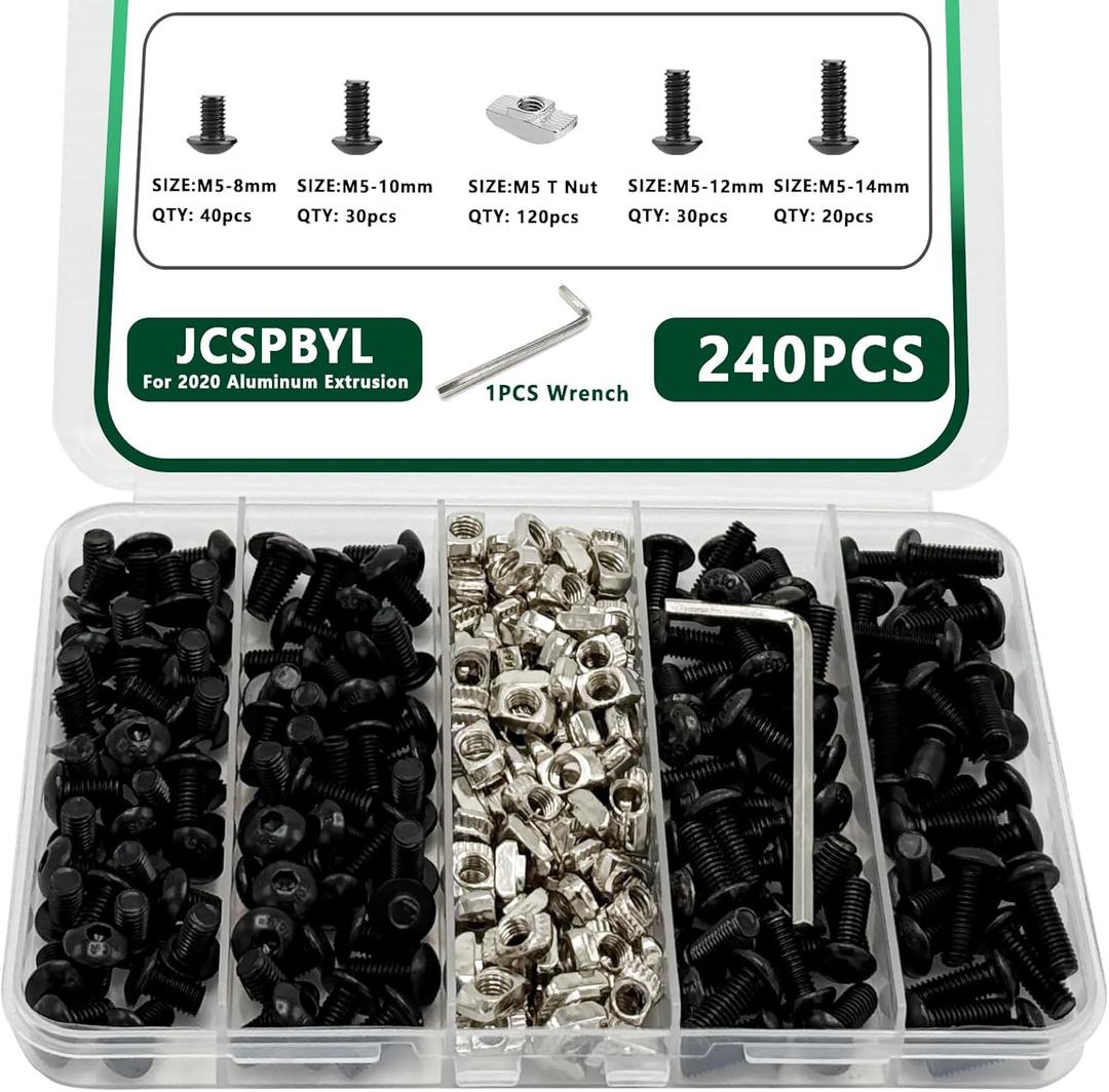 240 pcs M5 T Nut Screws Kit for 2020 2040 2080 Aluminum Extrusion, 120 pcs Black M5x8/10/12/14mm Hexagon Socket Screws and 120 pcs M5 Drop in T-Nuts with 1 pcs Hex Wrench