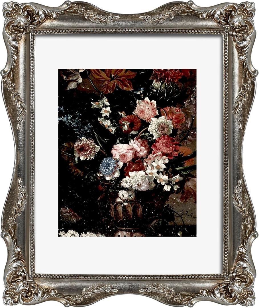 Silver Ornate 11x14 Picture Frame with Mat for 8x10 or 11x14 Photos, Real Glass, Vintage Baroque Victorian Frames for Wall Display