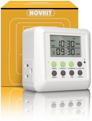 NOVKIT 3-in-1 Dual Outlet Timer Plug with Interval Cycle for Indoor, 7 Day 24 Hour Programmable Digital Repeat Timer Switch (15A, 1875W)