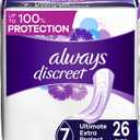 Always Discreet Incontinence Pads for Women and Postpartum Pads, Ultimate Extra Protect, 26 CT, up to 100% Bladder Leak Protection (Long)