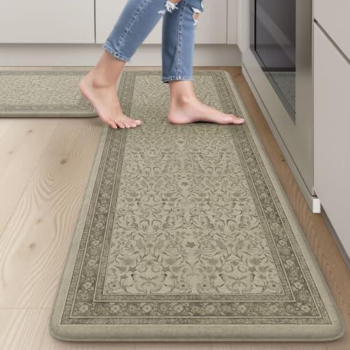 Sungea Kitchen Mats for Floor, Anti Fatigue Cushioned Kitchen Floor Mat, Vintage Butterfly Non Slip Kitchen Rug Set, Distressed Standing Desk Mat for Sink Laundry(Tan)