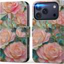 DEENAKIN for iPhone 17 Pro Wallet Case with Card Holder + Cash Clip, RFID-Blocking, Military-Grade Drop Protection & UV-Printed Artwork, Magnetic Closure with Leather Stand - Blooming Pink Rose