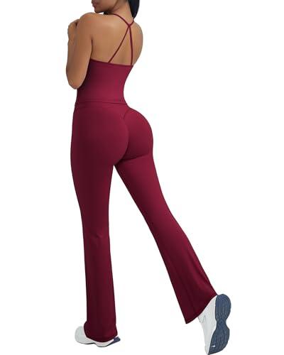 OMKAGI 2 Piece Workout Sets for Women Padded Tank Tops Flare Leggings Pilates Outfits(M,502-Burgundy)