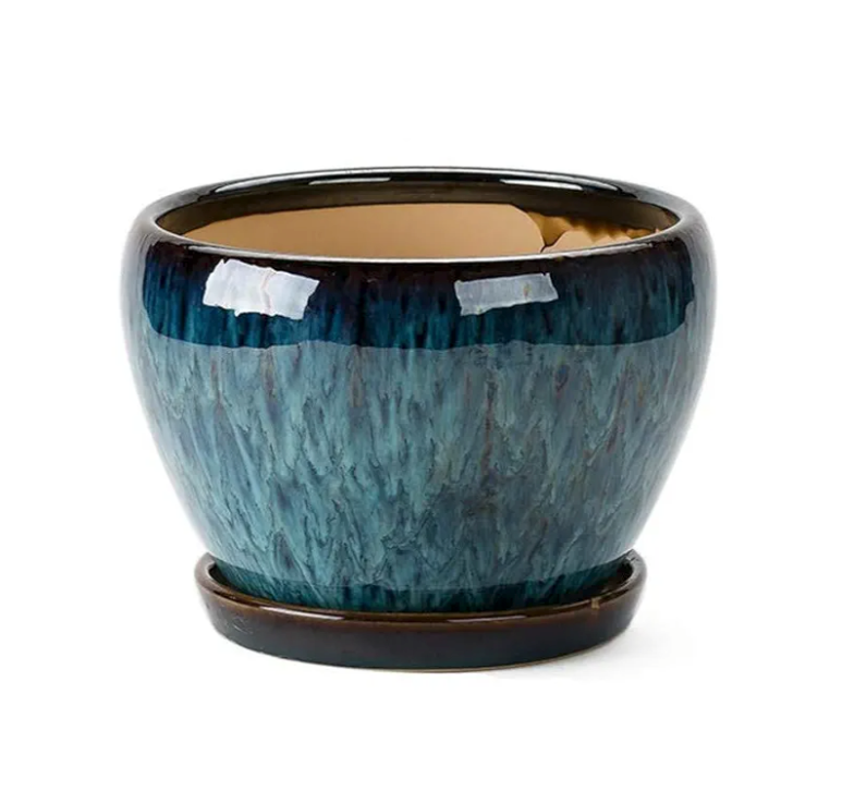 Small Blue Round Tray Green Plant Pot Container, Plant Stand Flower Stand Desk Desktop Desktop Indoor Home and Garden, Plant Pot