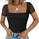 Chunpin Women's Square Neck Bodysuit Ruched Top Mesh Long Sleeve Bodysuits Thong Body Suits Leotard Shirt Going Out, M