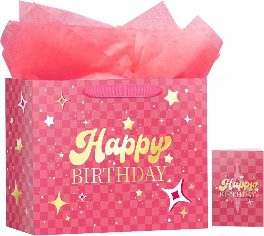 4 x MotiGiftie 13" Pink Happy Birthday Gift Bag with Tissue Paper and Greeting Card for Party, Happy Birthday Gift Bag for Men Women, Hot Stamping Gift Bags