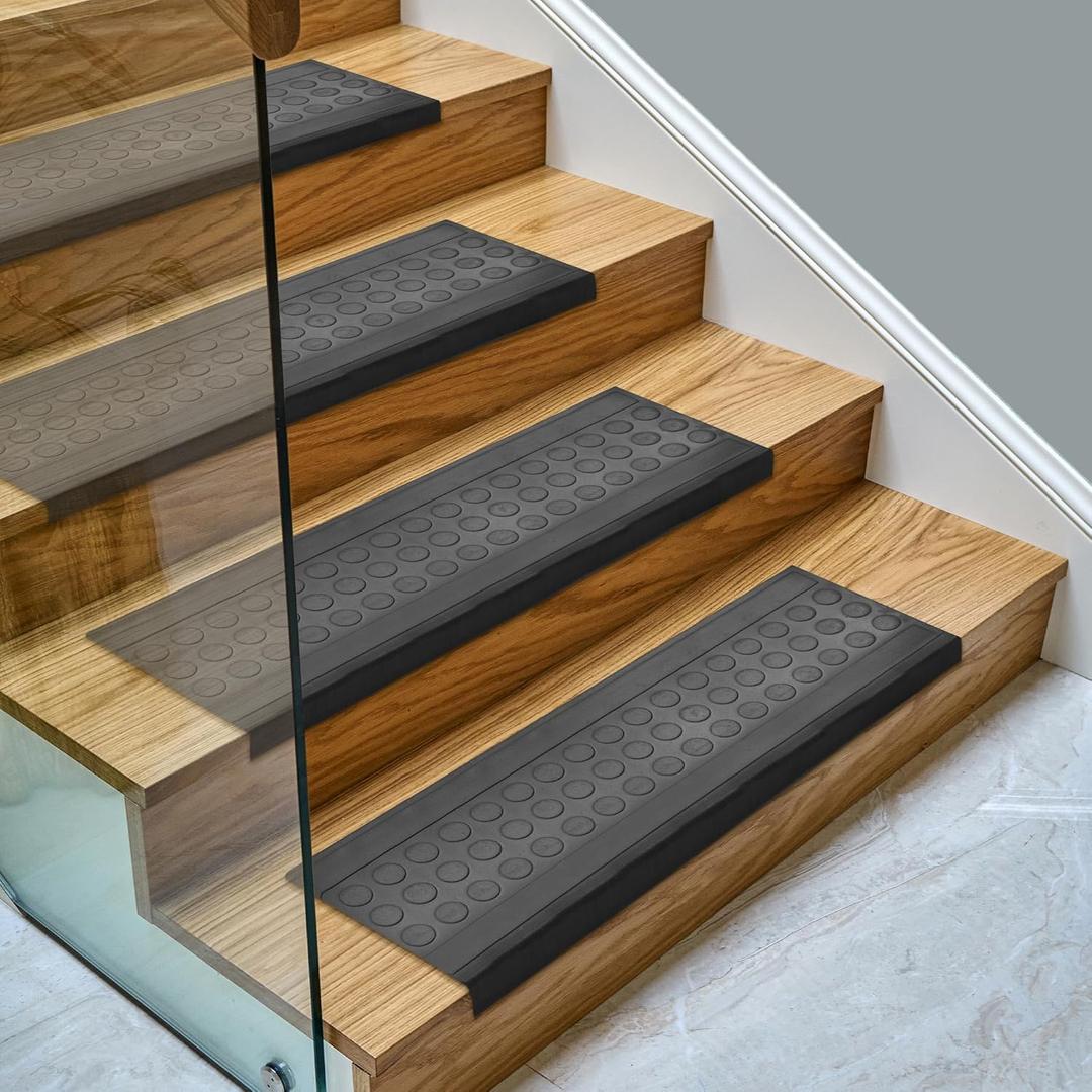 Ottomanson Indoor/Outdoor Hose-Wash Coin Design Non-Slip Rubber 10" x 30" Modern Stair Treads for Stairs, Garage, Patio, 5 Pack, Black Coin