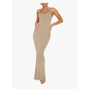 REORIA Women's Basic Sexy Lounge Slip Long Dress Elegant Sleeveless Backless Ribbed Bodycon Maxi Dresses, Medium, Peach Fuzz