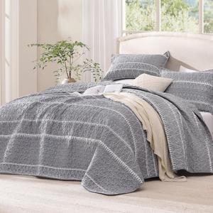 Andency Quilts Queen Size Grey, 3 Pieces Queen Quilt Bedding Set Boho Lightweight Soft Striped Bedspread for All Season (90"x96"), Gray Printed Bohemian Polyester Reversible Coverlet Comoforter Sets