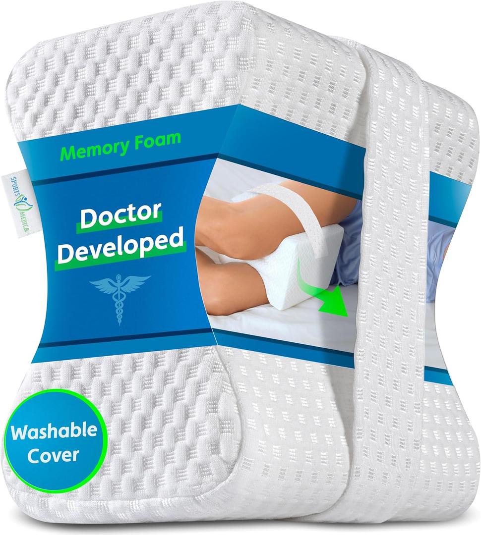 Sports Medica Doctor Developed Knee Pillow for Side Sleepers - Washable Cover Memory Foam Leg Pillow for Side Sleeping, Lower Back & Sciatica Pain Relief - Spine Alignment - Between Knee Hip Cushion (White)