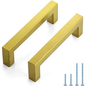 JOY DECOR 2 Pack Cabinet Handles, Gold Cabinet Pulls, 4 Inch Kitchen Handles Square Drawer Pulls Stainless Steel Drawer Hardware Handles, 102mm Hole Centers