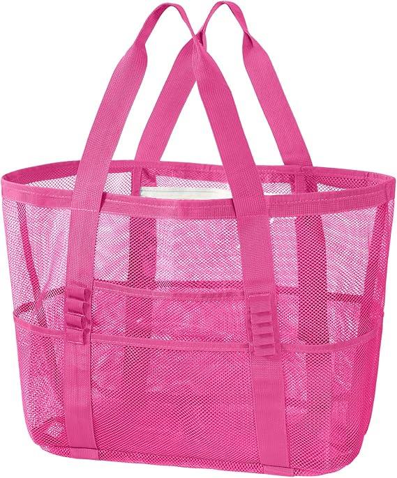 Mesh Beach Bag, Large Beach Tote Bags for Women Foldable Mesh Swimming Pool Bag with Mini Pockets - Sandproof, Waterproof, Pink (Pack of 3)